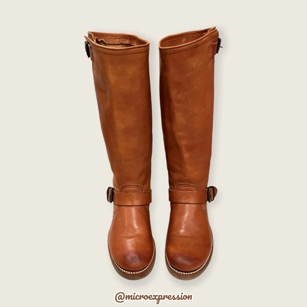 $399 Frye Veronica Slouch Cognac Brown Tan Leather Engineer Moto Tall BuckleBoot